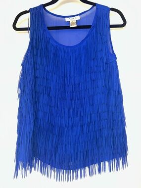 Pinky Layered Fringe Sleeveless  Top M Royal NWOT Sheer Glam Maximalist Flirty